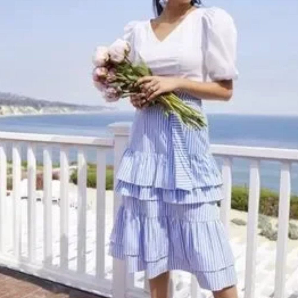 Rachel Parcell Blue & White Stripe Belted Stretch Cotton Tiered Skirt L